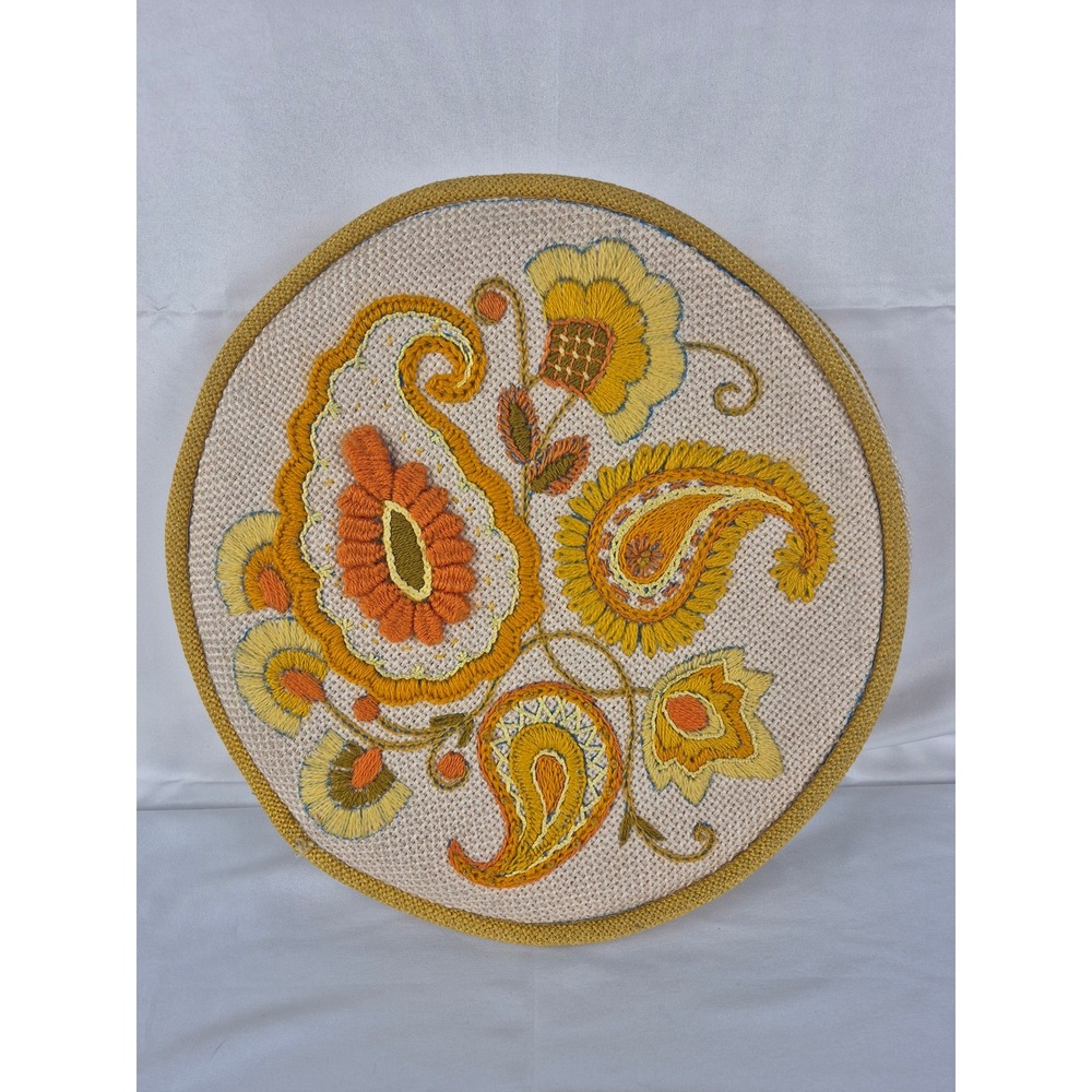 Vintage Crewel Embroidered Round Throw Pillow Boho Floral 70s‎ Cushion